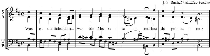 Note that the tenor part goes below the bass part on the second beat of the first complete bar