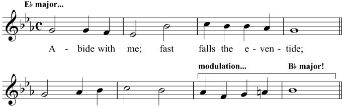 In 'Abide with me' the music changes key from E flat to B flat major