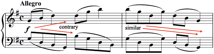 Contrary motion in bar 1 and similar motion in bar 2