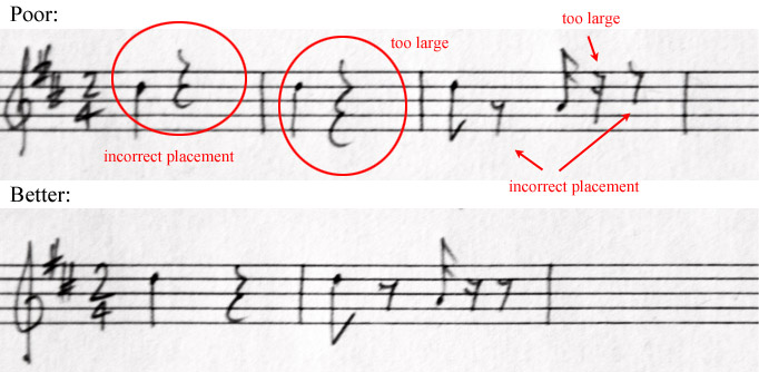 Poor and better crotchet and quaver rest positions