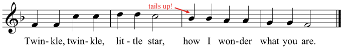 The tail of a note on the middle line normally hangs down, but in vocal music it points up