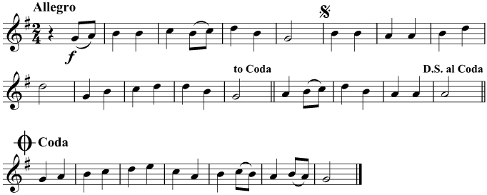 After reaching the end, play the music again, starting at the sign and ending with the Coda, jumping to the Coda at the Coda symbol