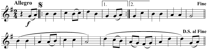 After reaching the end, play the music again, starting at the sign and ending at Fine. Do not play repeats on the D.S.