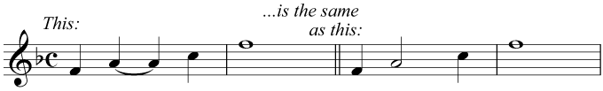 Two minims tied together to make a note equal in duration to a semibreve