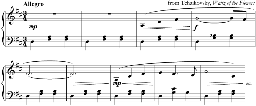 from Tchaikovsky, 'Waltz of the Flowers': with a strong / weak / weak pattern in the accompaniment
